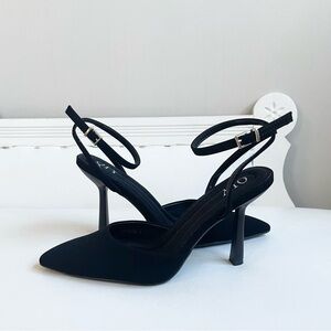 QIY BLACK FAUX SEUDE POINTED TOE HIGH HEEL SHOE ANKLE STRAP PADDED FOOTBED